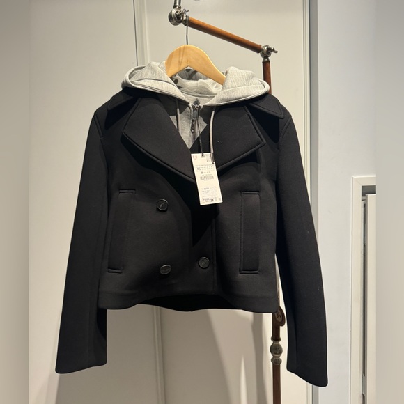 New! Zara Black Cropped Peacoat with Grey Hoodie - Picture 1 of 5